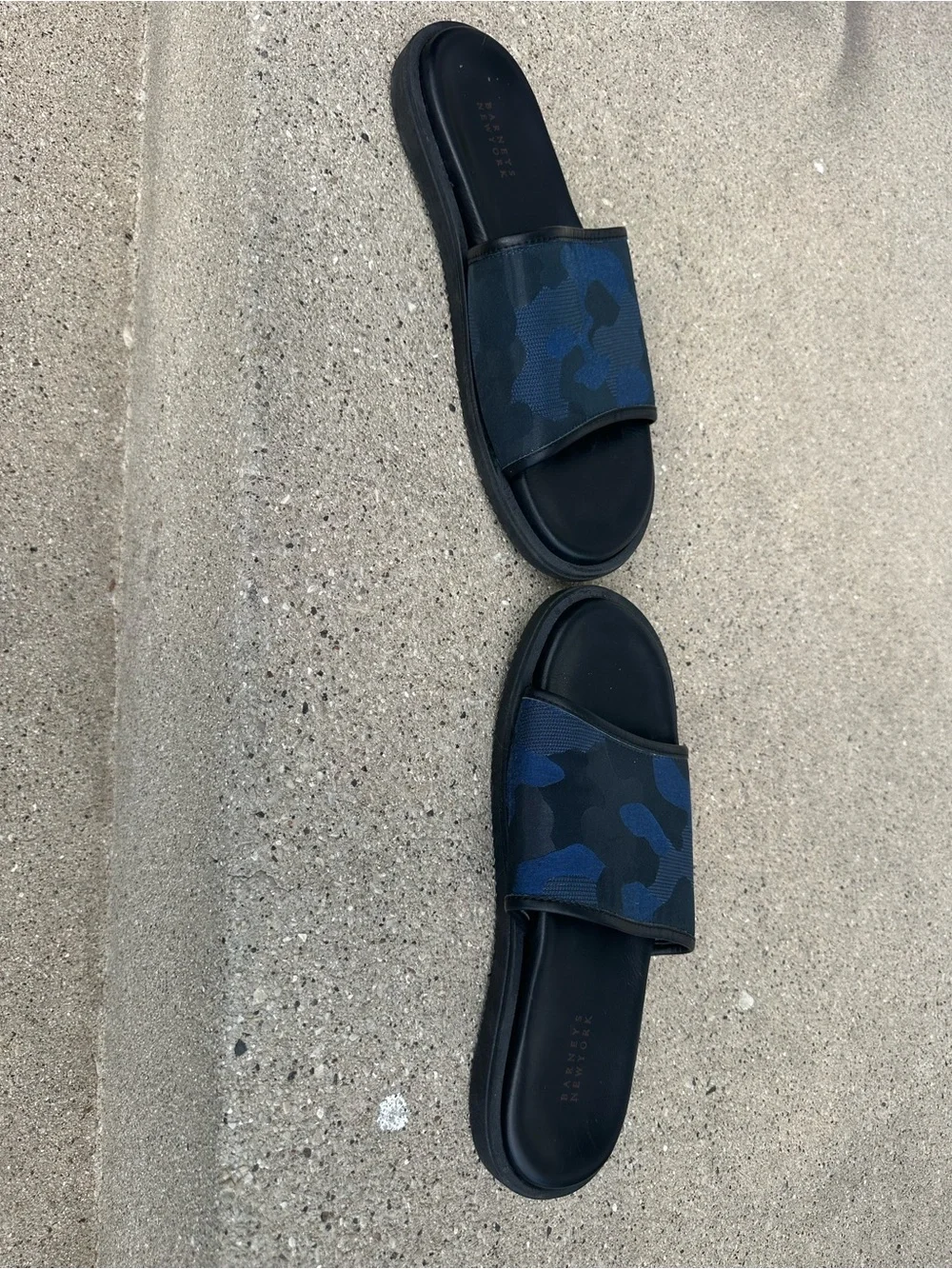 Barneys New York Black Slide Sandals with Blue Camo Strap